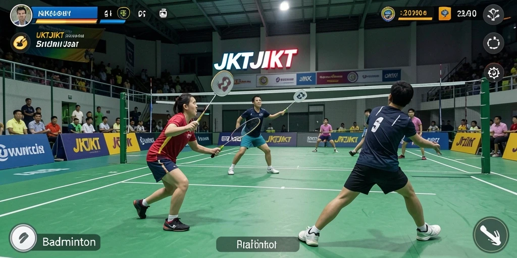 Tampilan antarmuka utama game Badminton JKTJKT dengan karakter yang siap bertanding.